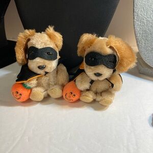 VTG RUSS BERRIE Mini Halloween Dog Pumpkin Stuffed Plush Ornament S/2 - 2.75”